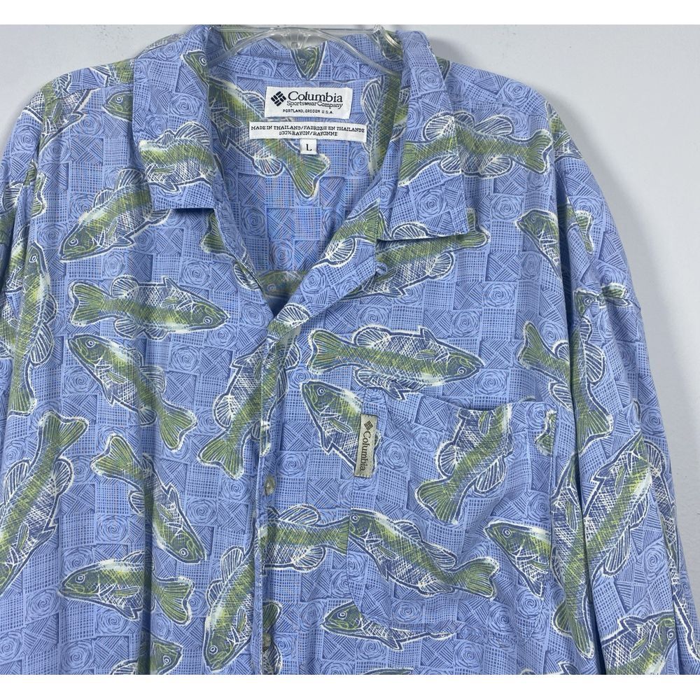 Columbia‎ Shirt Fish Print Mens Large L Button Up Blue Green 100% Rayon Hawaiian